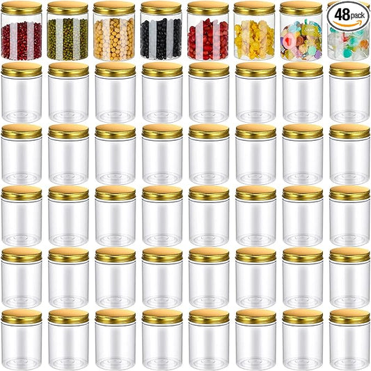 Aoriher 48 Pcs 8oz Plastic Mason Jars with Lids Round Clear Plastic Jars Containers Refillable Small Empty Storage Containers Food Canisters for Kitchen Storage(Gold)
