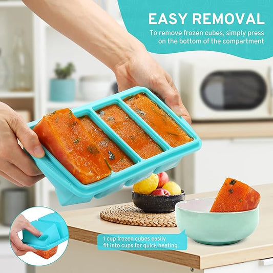 Silicone Freezer Tray with Lid - 1 Cup Silicone Food Freezers Tray - Large Ice Cube Freezer Molds - Soup, Sauce, leftovers, Homemade Meal Prep Freezing Kitchen Storage Containers - Aqua - 4-Pack