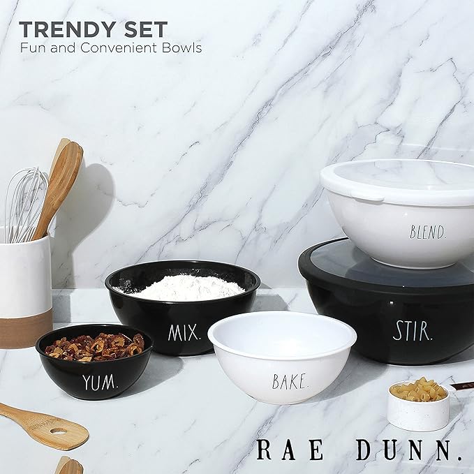 Rae Dunn Mixing Bowls with Lids - 10 Piece Plastic Nesting Bowls Set includes 5 Prep Bowls and 5 Lids (Black)