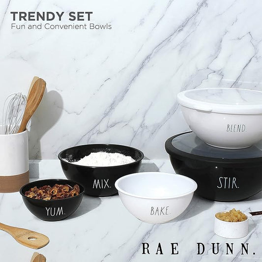 Rae Dunn Mixing Bowls with Lids - 10 Piece Plastic Nesting Bowls Set includes 5 Prep Bowls and 5 Lids (Black)