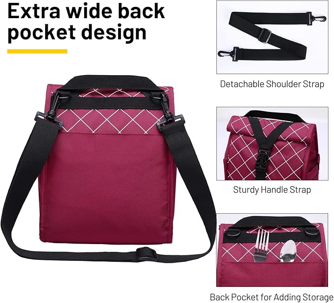 MIER Insulated Lunch Bag Roll Top Lunchbox for Women Men Adults Foldable Rolltop Lunch Tote with Shoulder Strap for Work Office Picnic, Water Bottle Holder, Red