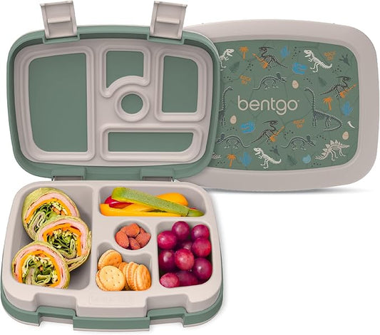 Bentgo Kids Prints Leak-Proof, 5-Compartment Bento-Style Kids Lunch Box - Ideal Portion Sizes for Ages 3-7, Durable, Drop-Proof, Dishwasher Safe, & Made with BPA-Free Materials (Dino Fossils)