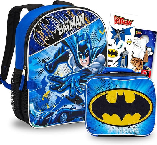DC Comics Batman Backpack with Lunch Bag Set for Boys Kids ~ Deluxe 16" Batman Backpack with Insulated Lunch Box. Stickers, and More (Batman School Supplies Bundle)