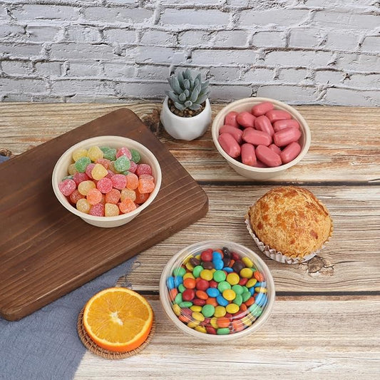 10 oz Round Disposable salad bowls with lids, Sugarcane Fiber Paper Bowls take away food containers Plant Fibers Freezer Safe 50 Pack