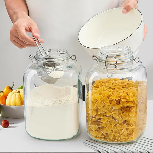 1 Gallon Glass Jar with Lid, 128oz Glass Jars with Airtight Lid Set of 2, Square Mason Jars, Large Storage Containers with Handle for Canning, Pasta, Flour, Sugar, Rice, Coffee Beans, Cereal