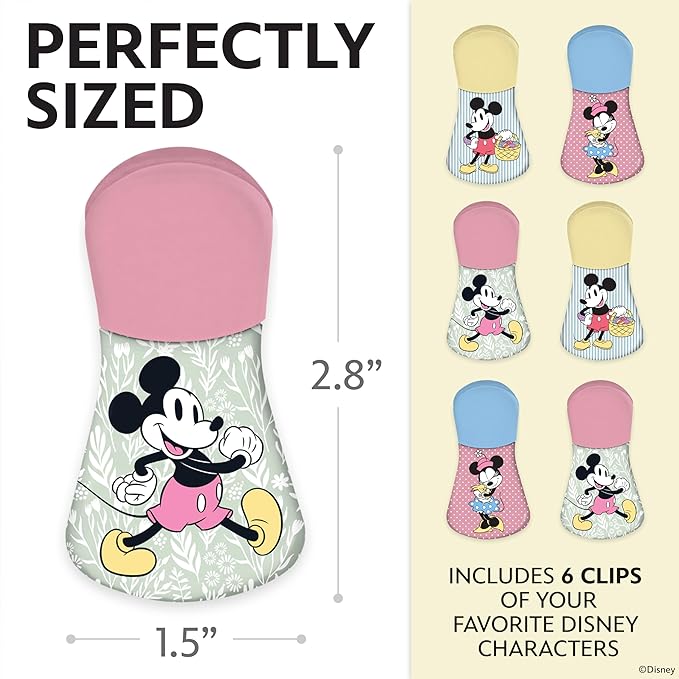 Disney Magnetic Chip Clips – Set of 6 Bag Clips for Food Storage - Mickey, Minnie, Lilo & Stitch, Winnie The Pooh – Durable Airtight Bag Chip Clips for Pantry & Fridge Use