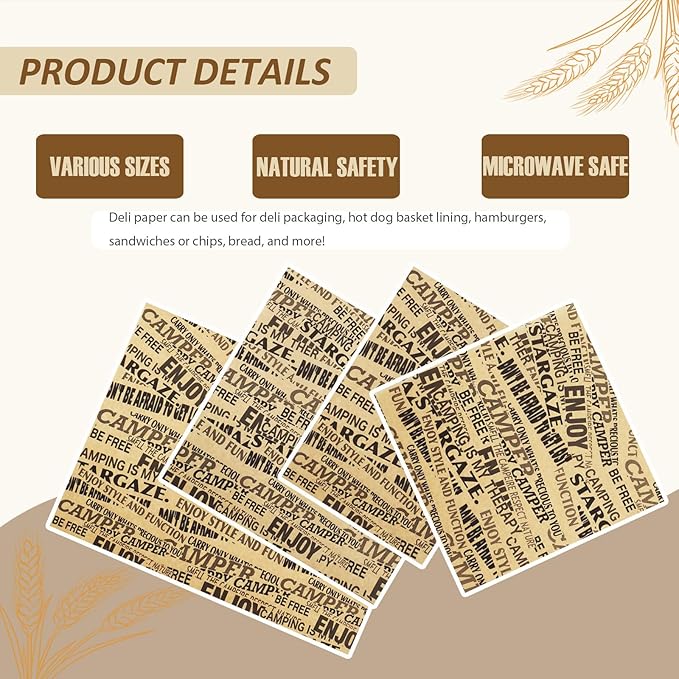 OTOPETE 200Pcs Food Wrapper Paper Sheets, 12"x7.8" Grease Resistant, Camping Theme Hamburger Sandwich Basket Liner, Tray Liner for Home Kitchen Baking, Picnic, Party, Kraft