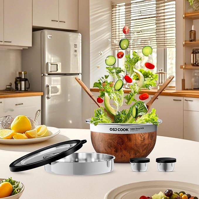 18/8 Stainless Steel Salad Bowl Kit - 51oz, Mixing Bowls with Lids Set, Teakwood - Comes with 1.7oz Condiment Container and Removable Tray for Organization - Leak-Proof, Easy to Clean, Dishwasher Safe