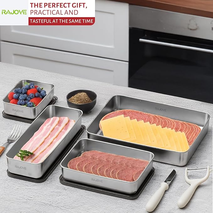 3 Pack Deepen Bacon Storage Containers for Fridge, 304 Stainless Steel Food Storage Container With Removable Drain Tray, Deli Meat Containers with Lids, Dishwasher Safe, Keeps Fruits, Vegetables Fresh