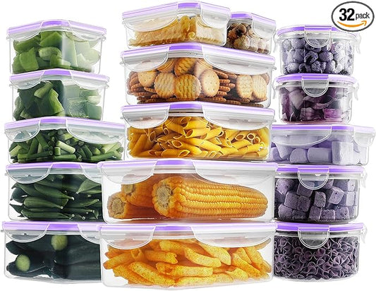 HOMBERKING 32 Pieces Food Storage Containers Set with Snap Lids (16 Lids + 16 Containers), Meal Prep Airtight Plastic Containers, BPA-Free Lunch Containers for Kitchen, Pantry, Home, Purple