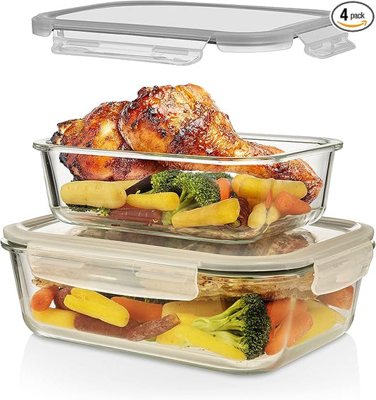 Large Glass Food Storage Containers 4 Pc (2700ML/ 91 Oz & 1520ML/ 51 Oz) Airtight Glass Storage Containers, Leak Proof BPA Free Food Storage Containers Glass (2 Lids 2 Containers) Oven to Freezer Safe