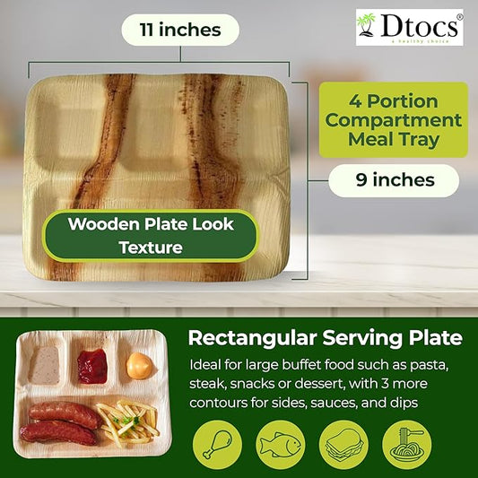 Palm Leaf Compartment Plate Disposable 11x9 Inch (50 Pc.) Bamboo Divided Plate look Compostable Portion Plates For Lunch Canteens, Picnic, Birthday | Sturdy Alternate to Paper Sectional Plates