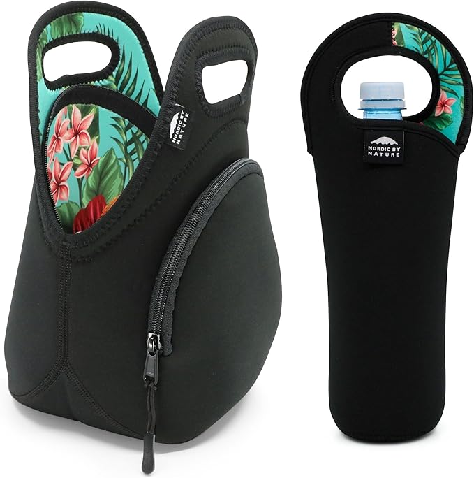 Nordic By Nature Neoprene Lunch Bags For Women, Men & Kids, Green Flower, 12"L x 12"H x 6.5"W