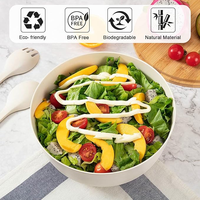 GEHE Bamboo Salad Bowl with Servers Set - Large 9.8 inches mixing bowls Solid Bamboo Salad Wooden Bowl with Bamboo Lid Spoon for Fruits,Salads and Decoration (White, 9.8INCH)
