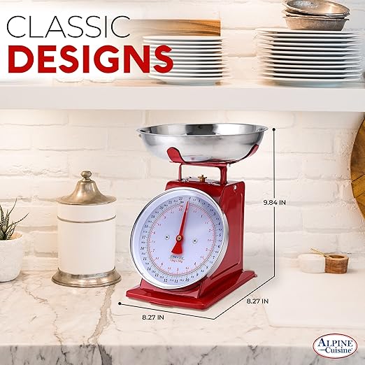 Alpine Cuisine Analog Kitchen Scale Red - Mechanical Kitchen Weighing Food Scale Weighs Up to 22 Lbs., Analog Food Scale for Kitchen - Measures in Grams and Ounces - Food Weight Scale