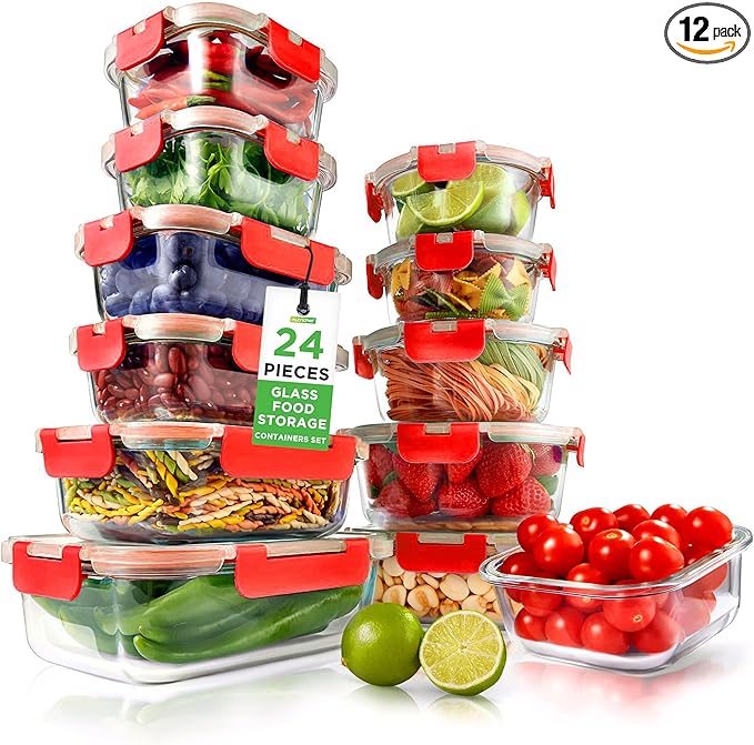 NutriChef 24pcs Glass Food Storage Containers, (12 Stackable Heavy Duty Meal Prep Containers w/ 12 Airtight Lids), Microwave, Freezer, & Dishwasher Safe for Food, Snacks, Fruit & More, (Red)