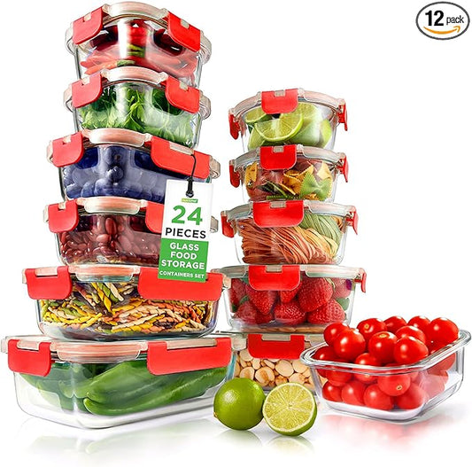 NutriChef 24pcs Glass Food Storage Containers, (12 Stackable Heavy Duty Meal Prep Containers w/ 12 Airtight Lids), Microwave, Freezer, & Dishwasher Safe for Food, Snacks, Fruit & More, (Red)