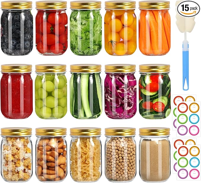 Mason Jars 16 oz with Gold Lids, 15 Pack Canning Jars, Clear Regular Mouth Glass Jars for Canning and Fermenting, Labels & Brusher Included - Microwave & Dishwasher Safe