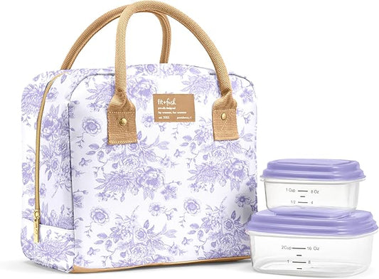 Fit & Fresh Lunch Bag For Women, Insulated Womens Lunch Bag For Work, Leak Resistant & Stain-Resistant Large Lunch Box For Women With Containers, Zipper Closure Bloomington Bag, Lavender Toile
