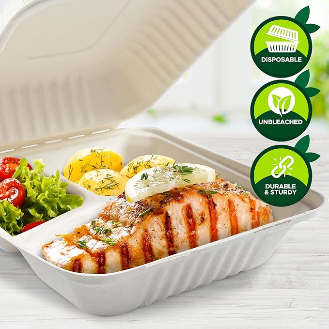 PAMI 100% Compostable [8''X8 50-Pack] Clamshell Take Out Food Containers Heavy-Duty Quality to go Containers, Natural Disposable Bagasse, Eco-Friendly Biodegradable Made of Sugar Cane Fibers