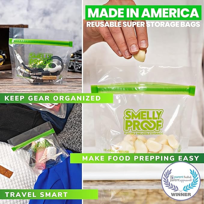 Smelly Proof 15 x Expandable Stand-Up & Fill REUSABLE Storage Bags for Food Designed & Mfg in US, BPA FREE, NO PEVA, Reusable Snack Bags, Dishwasher-Safe, Clear 3 mils STAND & FILL 6" x 4" - 15pk