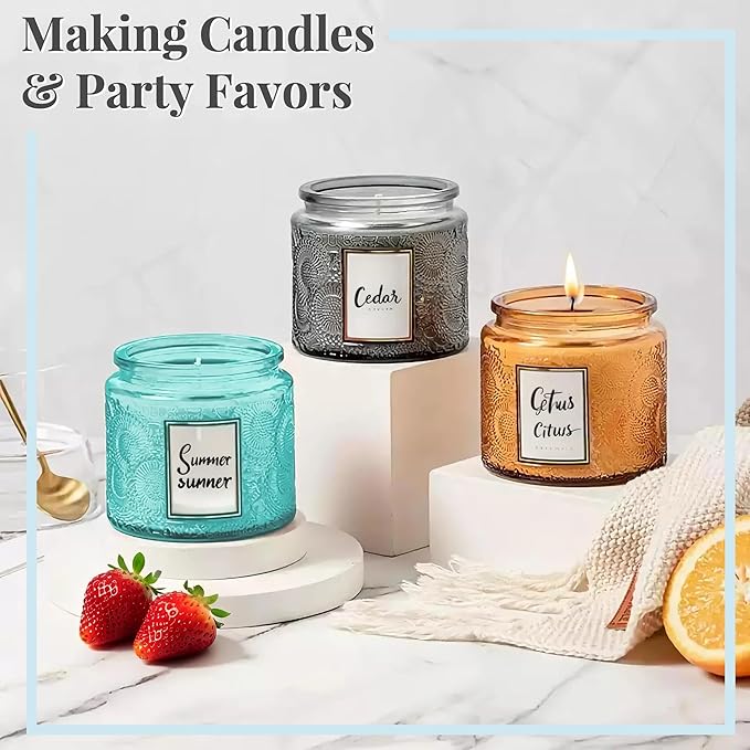 12 oz Decorative Glass Storage Jars with Airtight Bamboo Lids - 8 Pack Blue - Sunflower Embossed Spice, Candle & Home Organizer Set