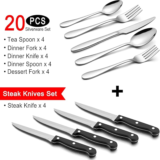 LIANYU 24-Piece Silverware Set with Steak Knives, Stainless Steel Flatware Cutlery Set for 4, Fork Spoon Knife Eating Utensils Tableware, Dishwasher Safe