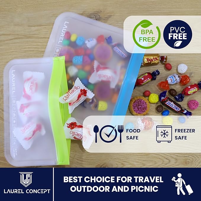 LAUREL Reusable Freezer Silicone Food Storage Bags -24 Pack+2 Gift, PEVA Silicone Bags for Food Storage, Reusable Plastic Free Ziplock Bags (8 Gallon Freezer Bags + 8 Sandwich Bags + 8 Snack Bags)