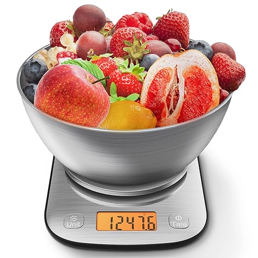 Food Kitchen Scale Digital Weight Grams and Oz with IPX6 Waterproof，Professional Stainless Steel Digital Kitchen Food Scale 11lb/0.01oz with Bowl for Weight Loss Dieting Baking Cooking