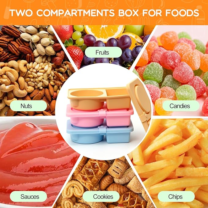 3 Pack Silicone Reusable Snack Containers with Lids, Double Compartment Snackle Box Containers, Salad Dressing Sauce Seasoning Container, Small Mini Food Snack Boxs for Travel, Office, Picnic,School
