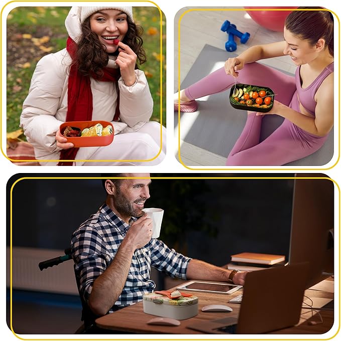 Premium Bento Lunch Box for Adults with Reusable Chopsticks, Modern Cute Food Container with Compartments, Leak Proof, Microwavable & Freezer Safe, Gray, 7.5x4.7x4.5 in (190x119x114 mm)