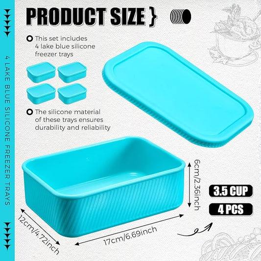 Nuogo 4 Pcs 3.5 Cup Silicone Freezer Trays with Lid Soup Freezer Containers Reusable Silicone Molds Rectangle Containers Freezing Ice Trays for Soups Sauces Stews Curries, Lake Blue