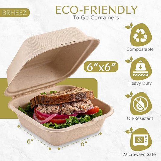 brheez Disposable Clamshell To-Go Containers – Bagasse Fiber Biodegradable Containers with Lids for Takeout, Parties, & Holidays – Pack of 50 Chemical-Free, 1-Compartment Boxes, 6"x6", Natural