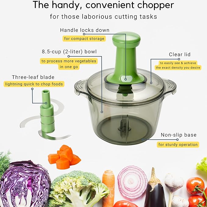 Brieftons Express Manual Food Chopper: Large 8.5-Cup, Hand Chopper Vegetable Cutter to Chop Veggies, Fruits, Herbs, Garlic Onion Chopper for Salsa, Salad, Pesto, Guacamole, Coleslaw, Indian Cooking