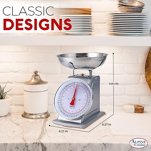 Alpine Cuisine Stainless Steel Analog Kitchen Scale Silver - Mechanical Weighing Food Scale Weighs Up to 22 Lbs, Analog- Measures Grams and Ounces