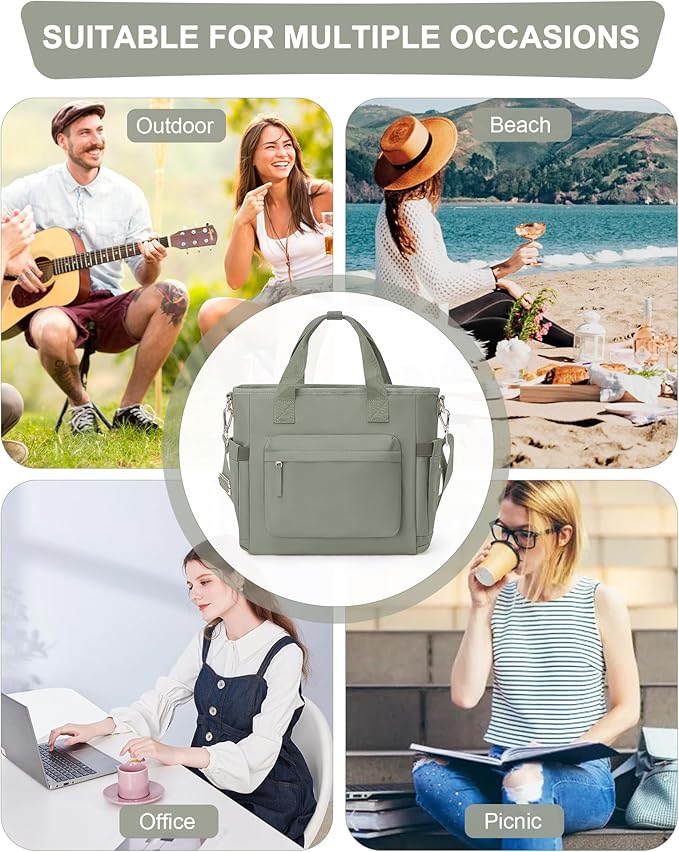 Insulated Lunch Bag Women Large Lunch Tote Bag Box Bags Boxes with Shoulder Strap Adult for Women Men Work Grey Green with Water Bottle Holder