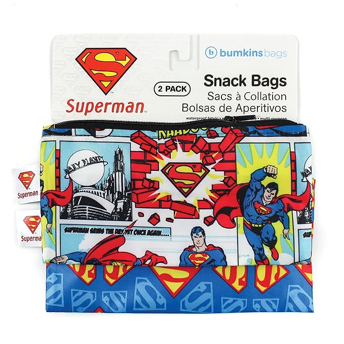 Bumkins Reusable Snack Bags, for Kids School Lunch and for Adults Portion, Washable Fabric, Waterproof Cloth Zip Bag, Supplies Travel Pouch, Food-Safe, 2-pk Superman DC Comics