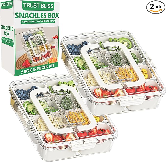 Snackle Box Container, Premium 2-Pack Divided Serving Tray & Lid with 8 Compartments, Durable Snackle Boxes for Travel & Parties – Snack box container, Perfect for Treats & Gifts (PET)