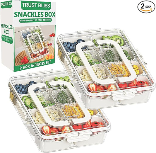 Snackle Box Container, Premium 2-Pack Divided Serving Tray & Lid with 8 Compartments, Durable Snackle Boxes for Travel & Parties – Snack box container, Perfect for Treats & Gifts (PET)