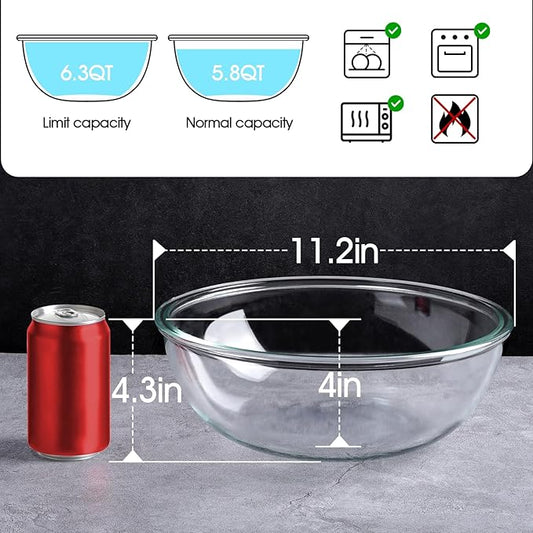 NUTRIUPS 6.3QT Large Glass Mixing Bowl, 11 inch Large Salad Bowls for Serving, Big Glass Bowls for Sourdough