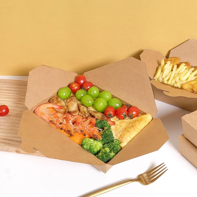 50 Pack 47 oz Large Takeout Food Container, Heavy-duty Microwave Kraft Paper Takeout Box, Leak Proof and Oil Resistant Paper Lunch Box, Cardboard takeout box for Restaurants, Homes, and Gatherings