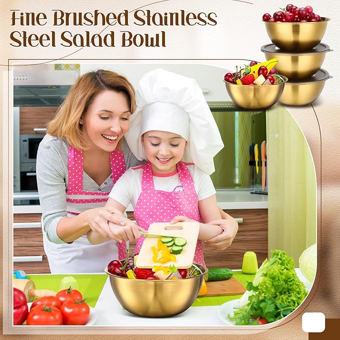 Nuogo 12 Pack 6.69 inches Gold Mixing Bowls with Airtight Lids Gold Stainless Steel Serving Bowl Metal Salad Fruit Soup Kitchen Accessories for Lunch Snack