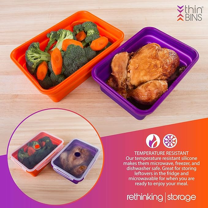 Thin Bins Collapsible Containers – Set of 2 Extra Large Rectangle Silicone Food Storage Containers – BPA Free, Microwave, Dishwasher and Freezer Safe