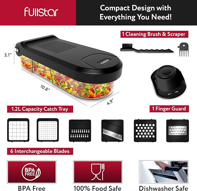 Fullstar Vegetable Chopper, Mandoline Slicer - Cheese Grater, Food Chopper with Container, Kitchen Gadgets, Home Essentials (6-in-1, Black)