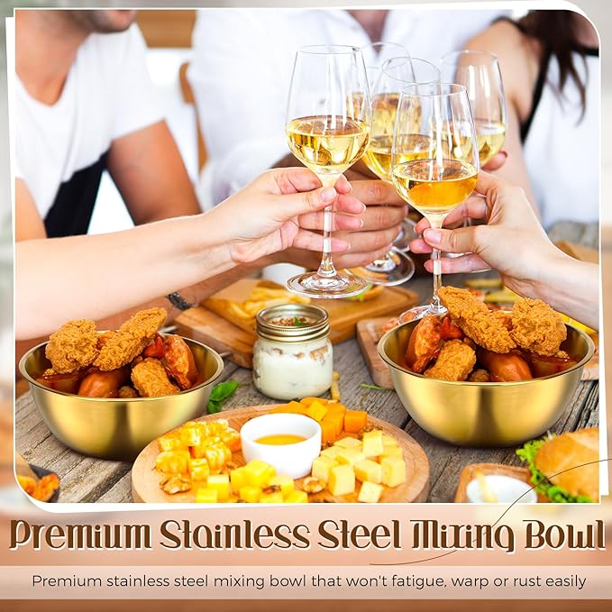 Nuogo 6 Pcs Gold Stainless Steel Mixing Bowl with Airtight Lids 6.7 inch Gold Esthetician Bowls for Easter Ramadan Serving Facial Salad Fruit Snack Soup Cereal Wedding Party