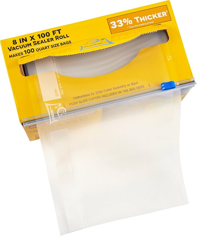 Vacuum Sealer Roll & Bag Cutter (8" x 100') 4 mil 100 Foot Embossed Bags by OutOfAir 33% Thicker, BPA Free, Sous Vide, Commercial Grade, Works with All Machines