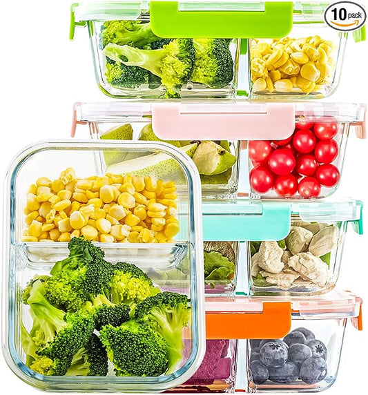 UMEIED Glass Meal Prep Containers 2 Compartment with Lids (5 Pack, 36oz), Divided Glass Storage Containers for Lunch at Work, Leak-Proof Portion Control Food Containers, Microwave/Dishwasher Safe