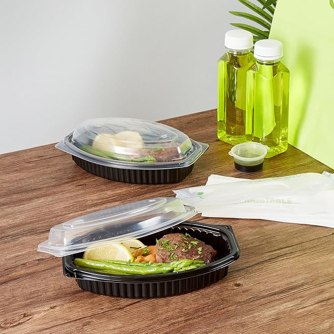 RW Base 16 Ounce Meal Prep Containers, 50 Microwavable To Go Containers With Lids - Disposable, Freezable, Black Plastic Oval Food Containers, Pack Hot And Cold Food, For Takeaway - Restaurantware