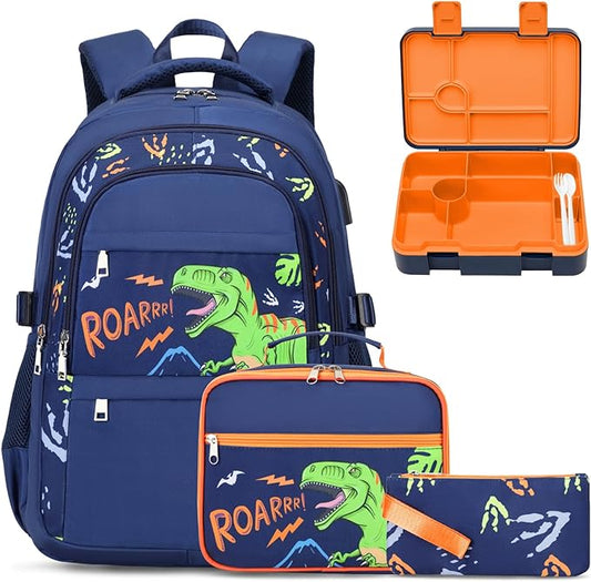 Boys Backpack - Dinosaur Bento Box with Insulated Lunch Bag Pencil Case & Utensils Set for Kids, 6 Leakproof Compartments Removable Tray Lunches or Snack Container