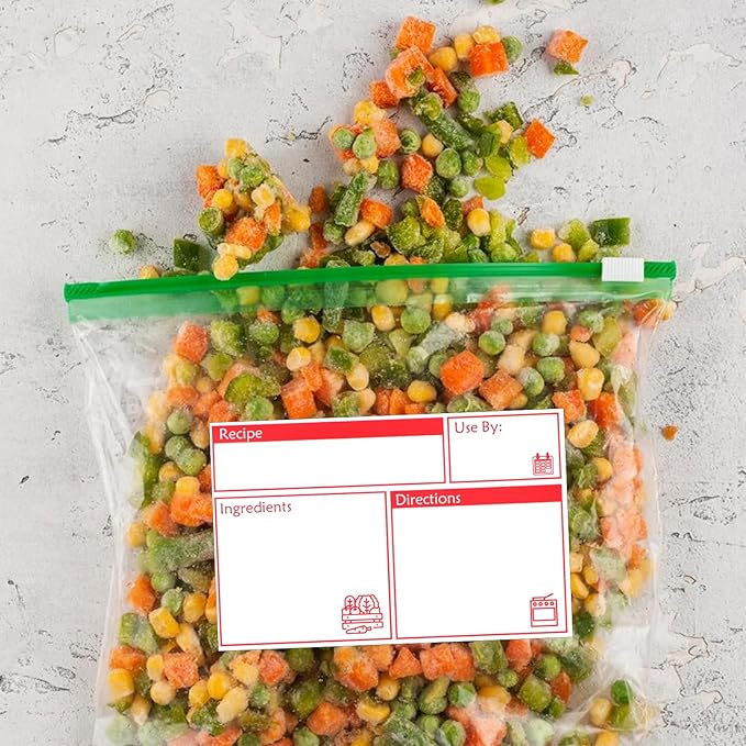 100pcs Labels for Freezer Bags Freezer Meal Labels with Instructions 3.2 X 5 inch Oil and Water Resistant Labels Food Labels for Freezer Storage for Leftovers in Fridge Removable Freezer (Red)